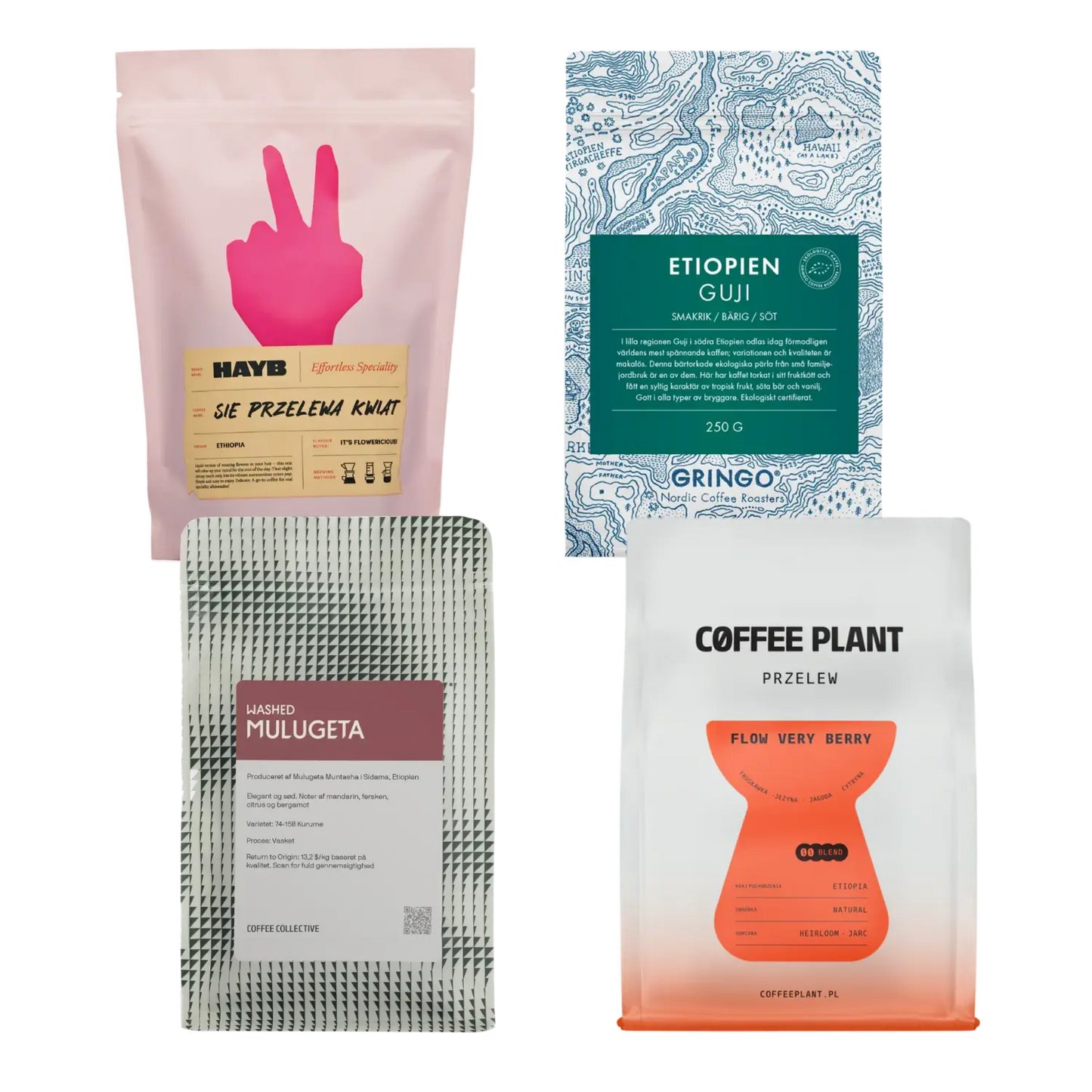 Four coffee packages with different designs on a white background