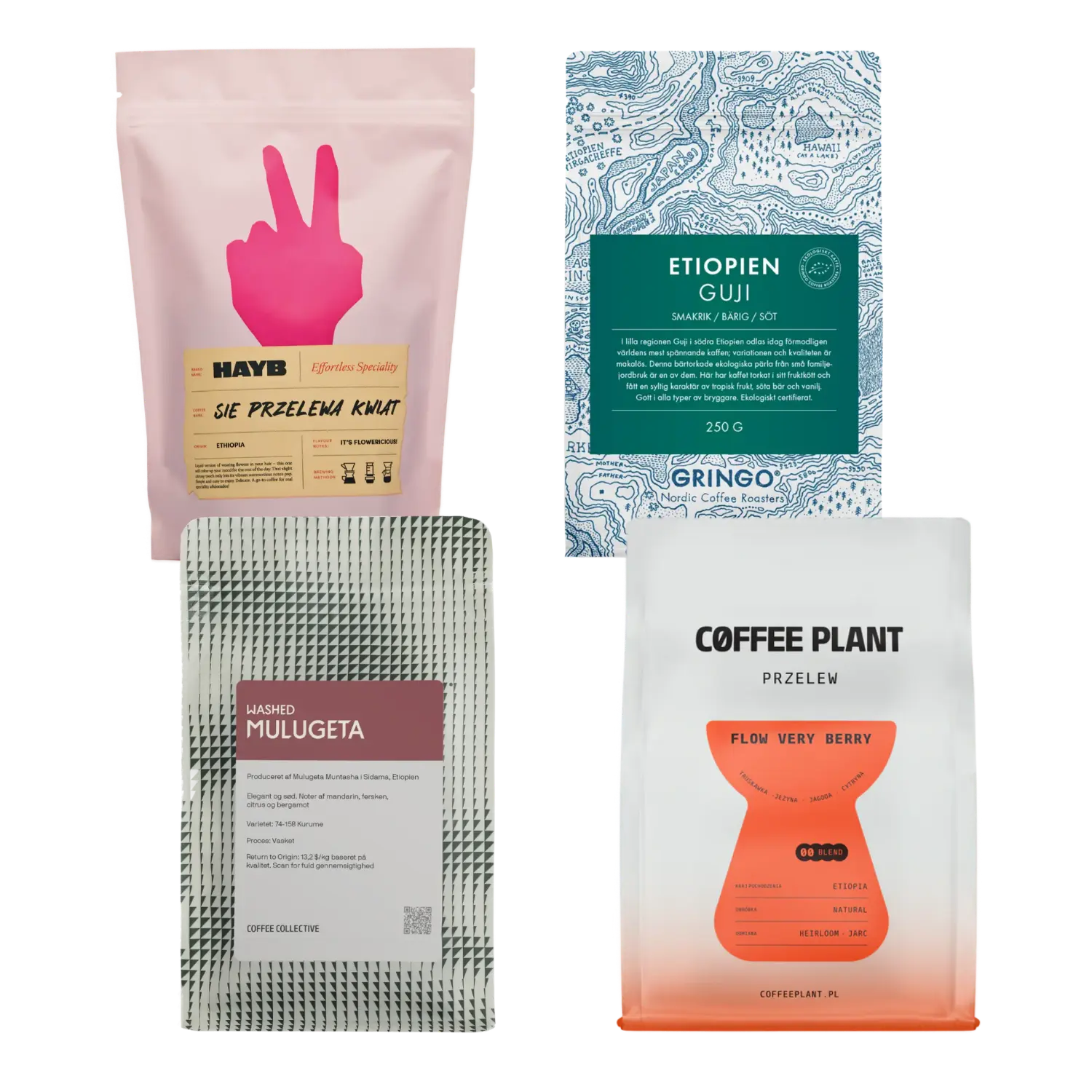 Four coffee packages with different designs on a white background