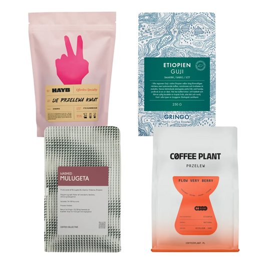 Four coffee packages with different designs on a white background
