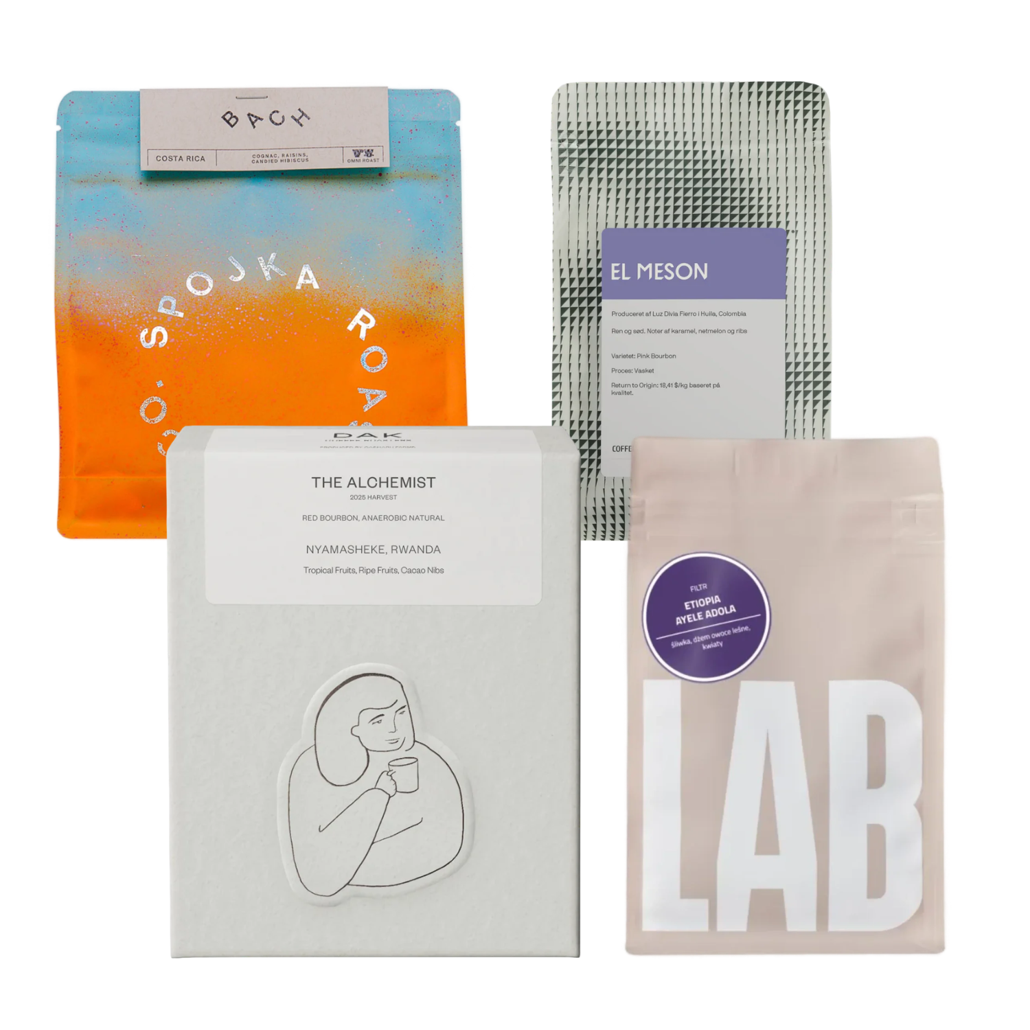 Fyra olika kaffepaket med varierande design på vit bakgrund