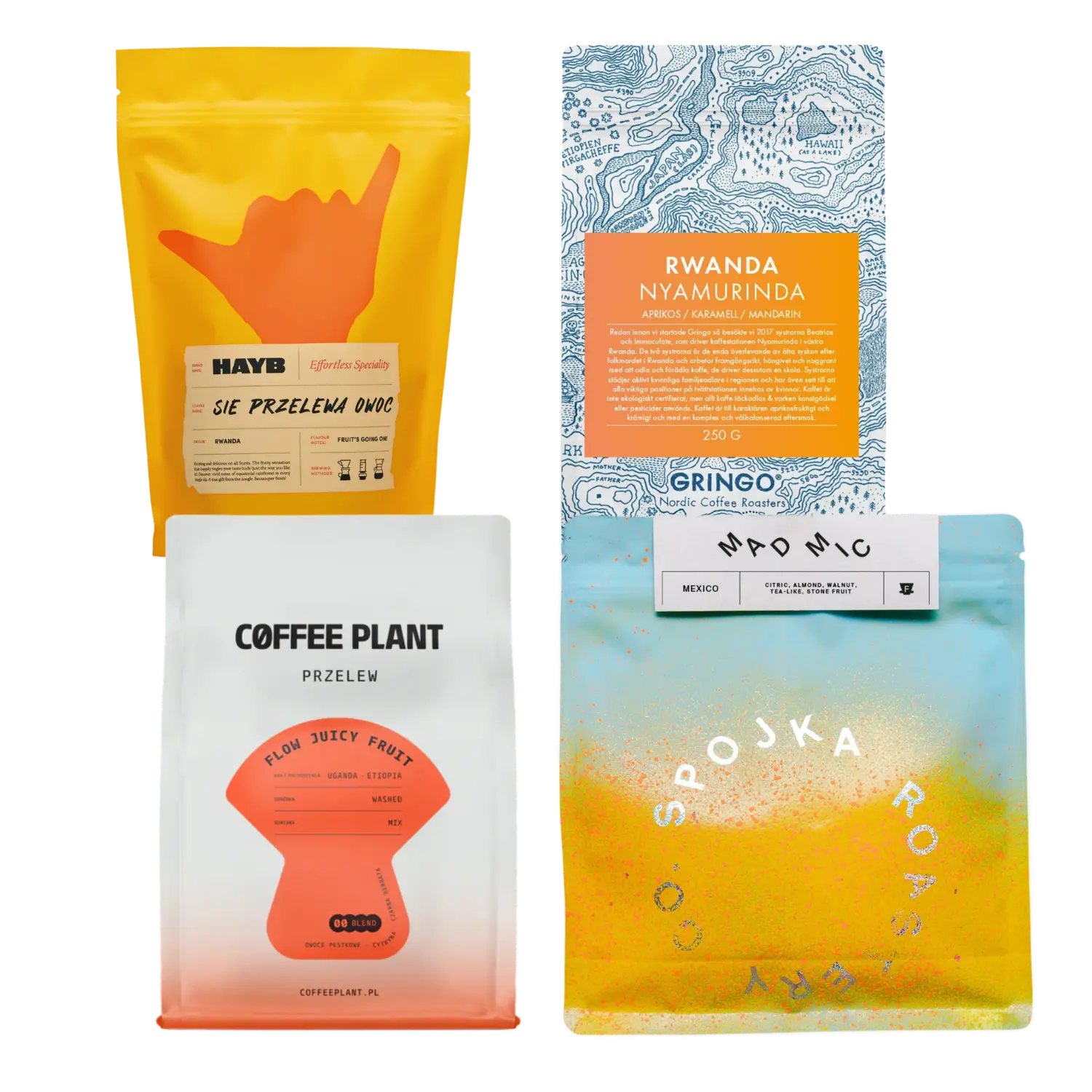 Four coffee packages with different designs on a white background