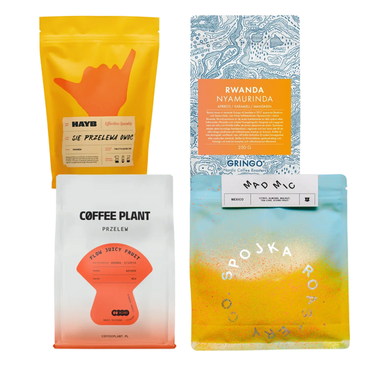 Four coffee packages with different designs on a white background
