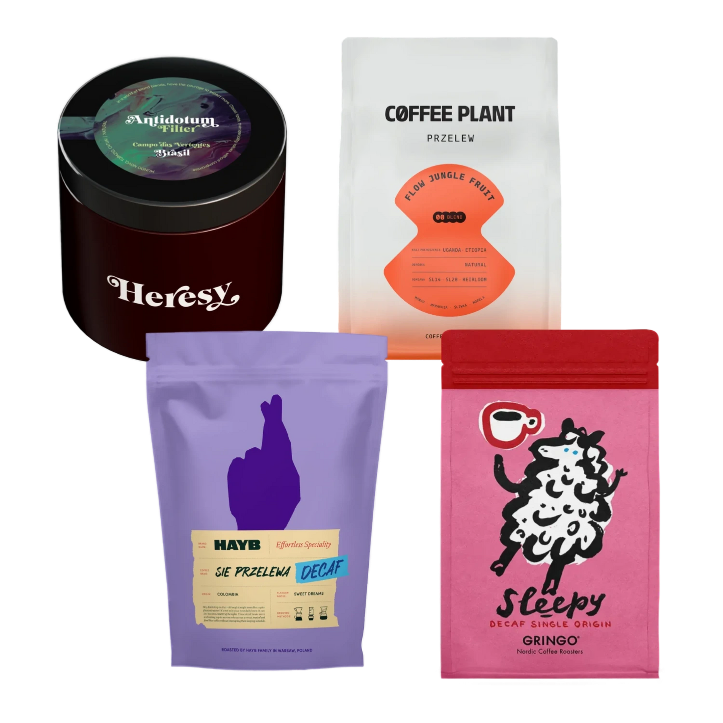 Four coffee bags from different brands on a white background