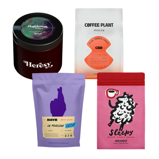 Four coffee bags from different brands on a white background