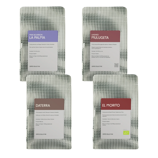 Four bags of Coffee Collective specialty coffee: Pink Bourbon La Palma, Washed Mulugeta, Daterba, El Morito with colorful labels and geometric patterns.