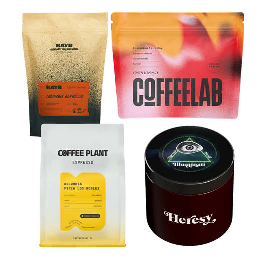 Four coffee bags from different brands on a white background