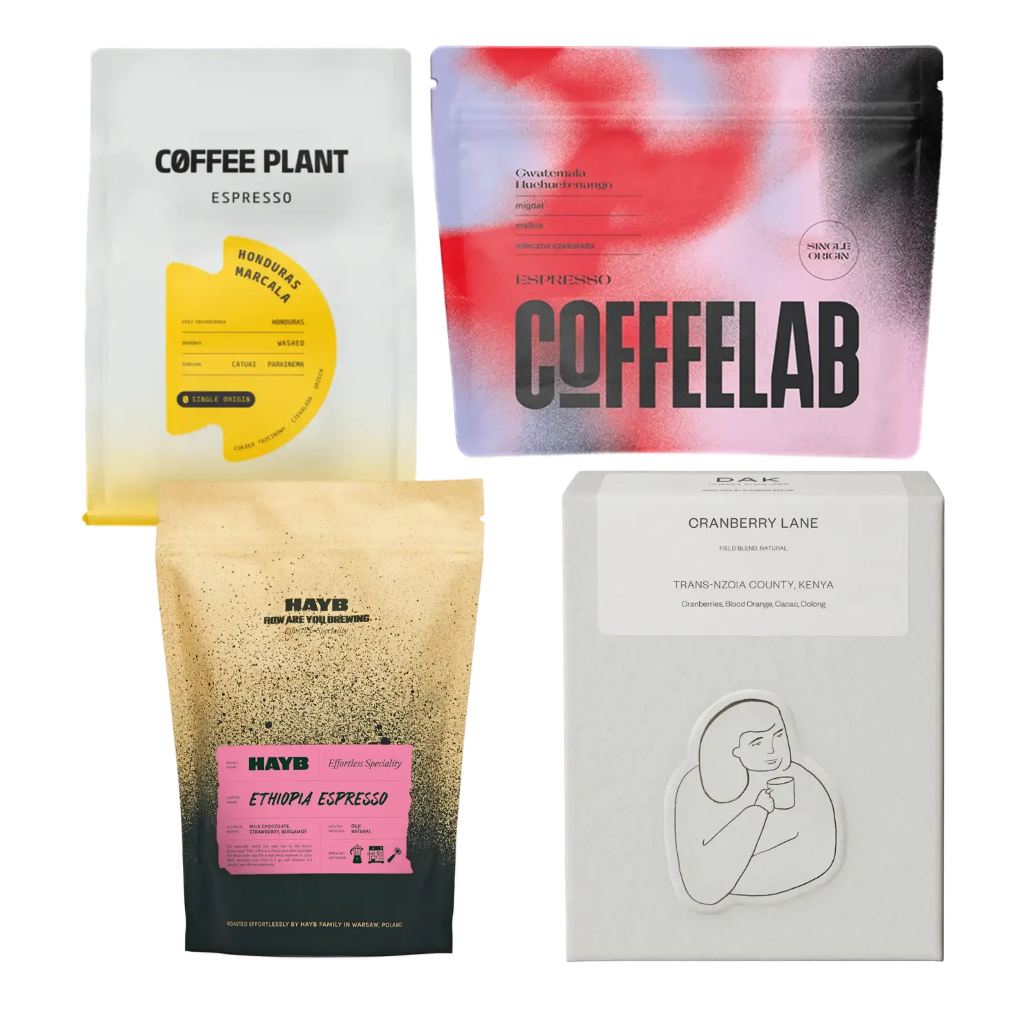 Four coffee bags from different brands on a white background