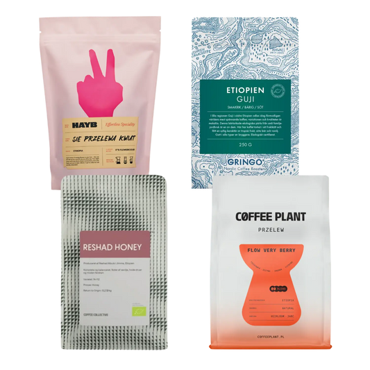 Four coffee bags from different brands on a white background