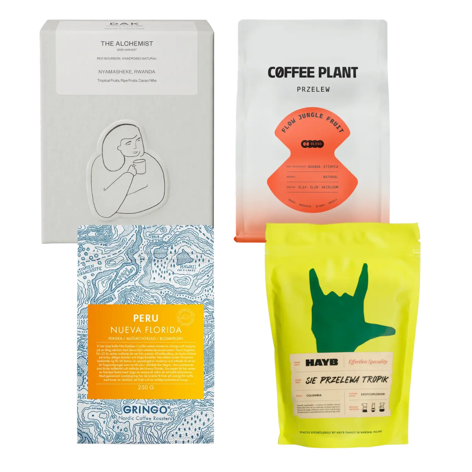 Four coffee bags from different brands on a white background
