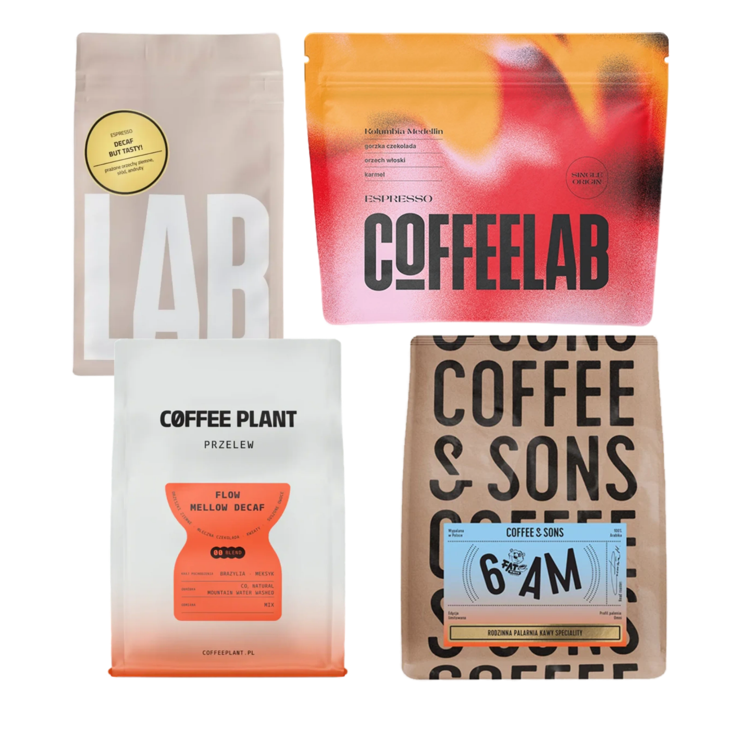 Four coffee bags from different brands on a white background