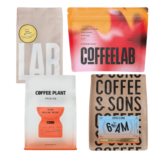 Four coffee bags from different brands on a white background