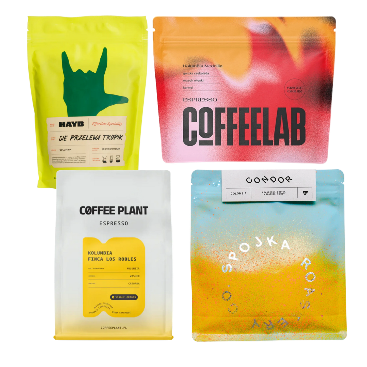 Four coffee bags from different brands on a white background