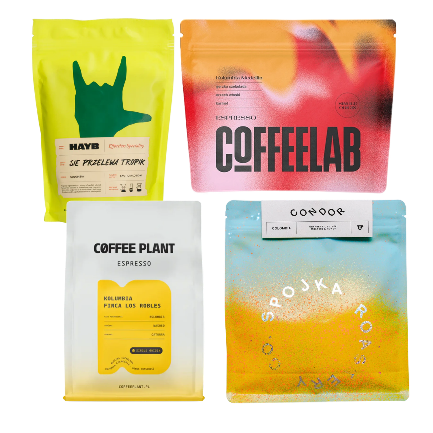 Four coffee bags from different brands on a white background