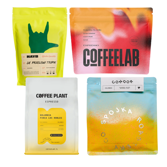Four coffee bags from different brands on a white background