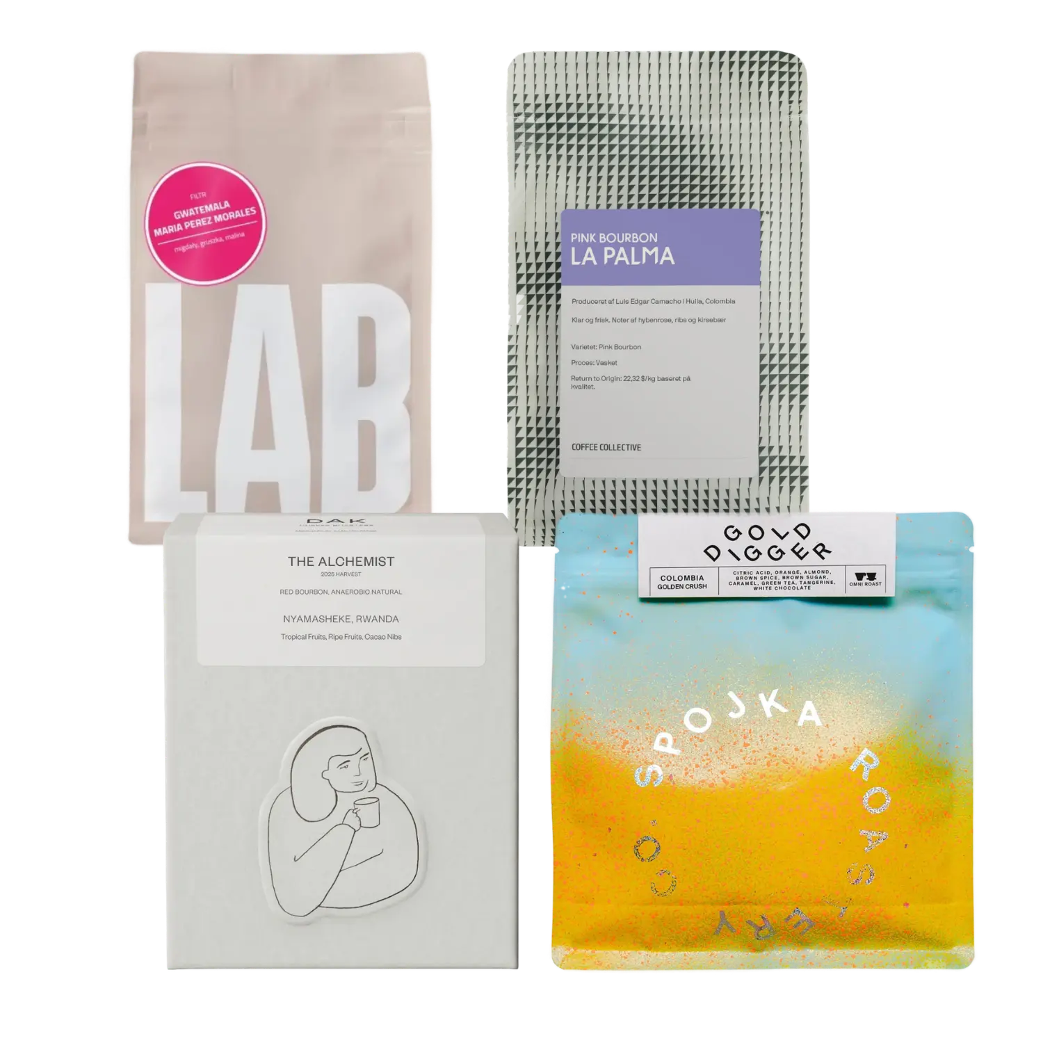 Four coffee bags from different brands on a white background