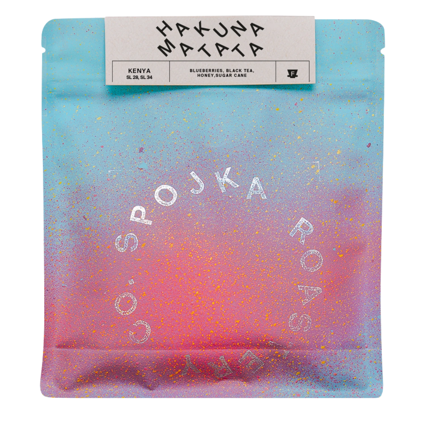 Packaged coffee with 'HAKUNA MATATA' and 'SPOJKA ROASTERY' branding on a gradient background