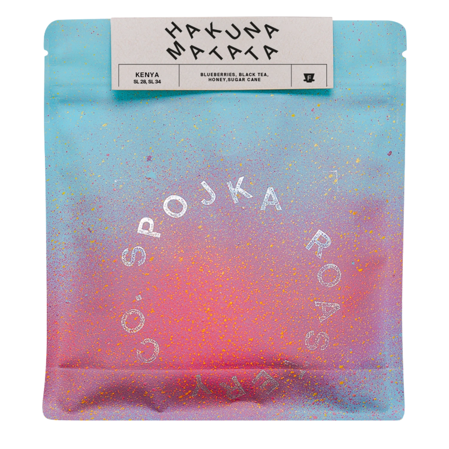 Packaged coffee with 'HAKUNA MATATA' and 'SPOJKA ROASTERY' branding on a gradient background