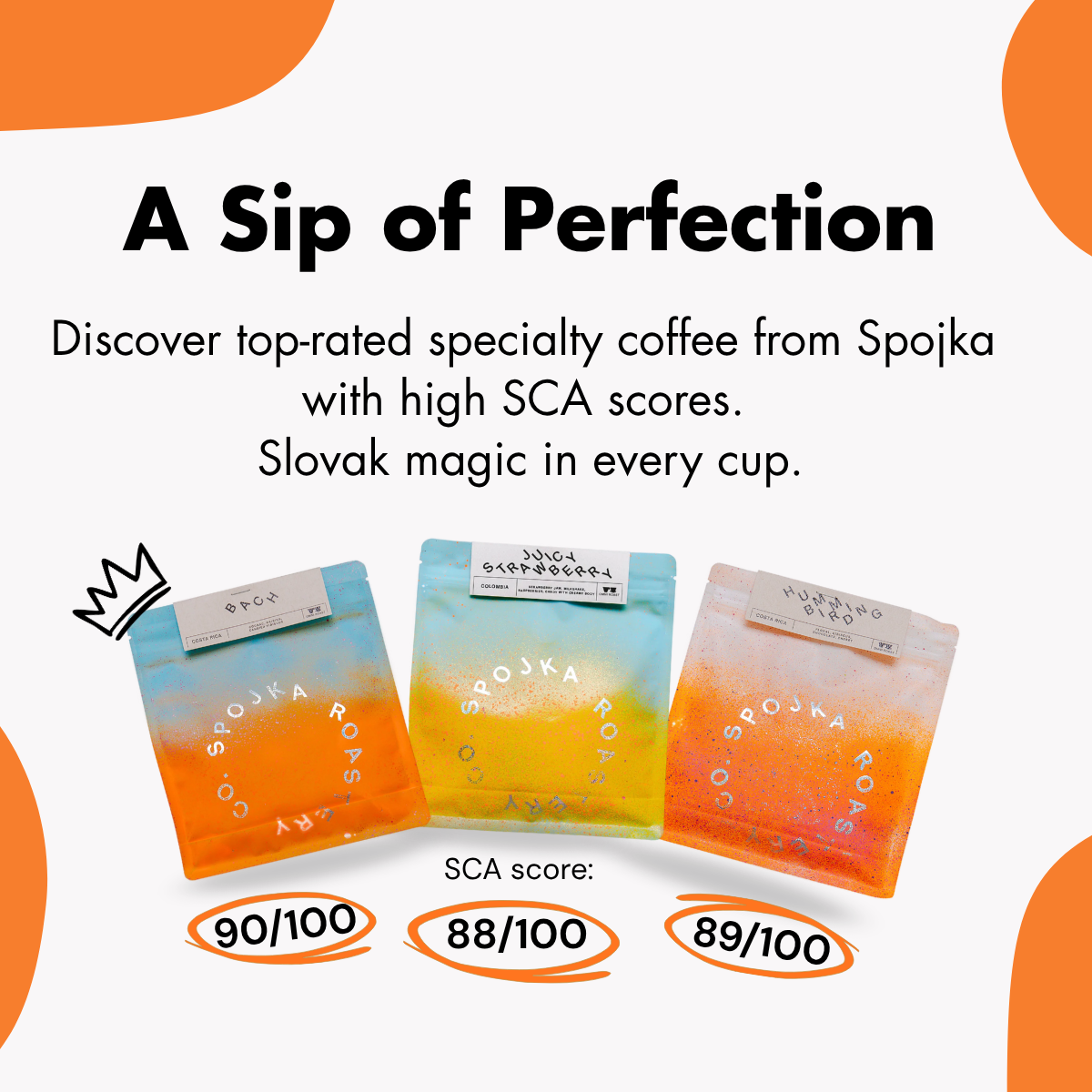 Spojka Roastery specialty coffee: Bach, Humming Bird and Last Piece of Cake with high SCA scores.