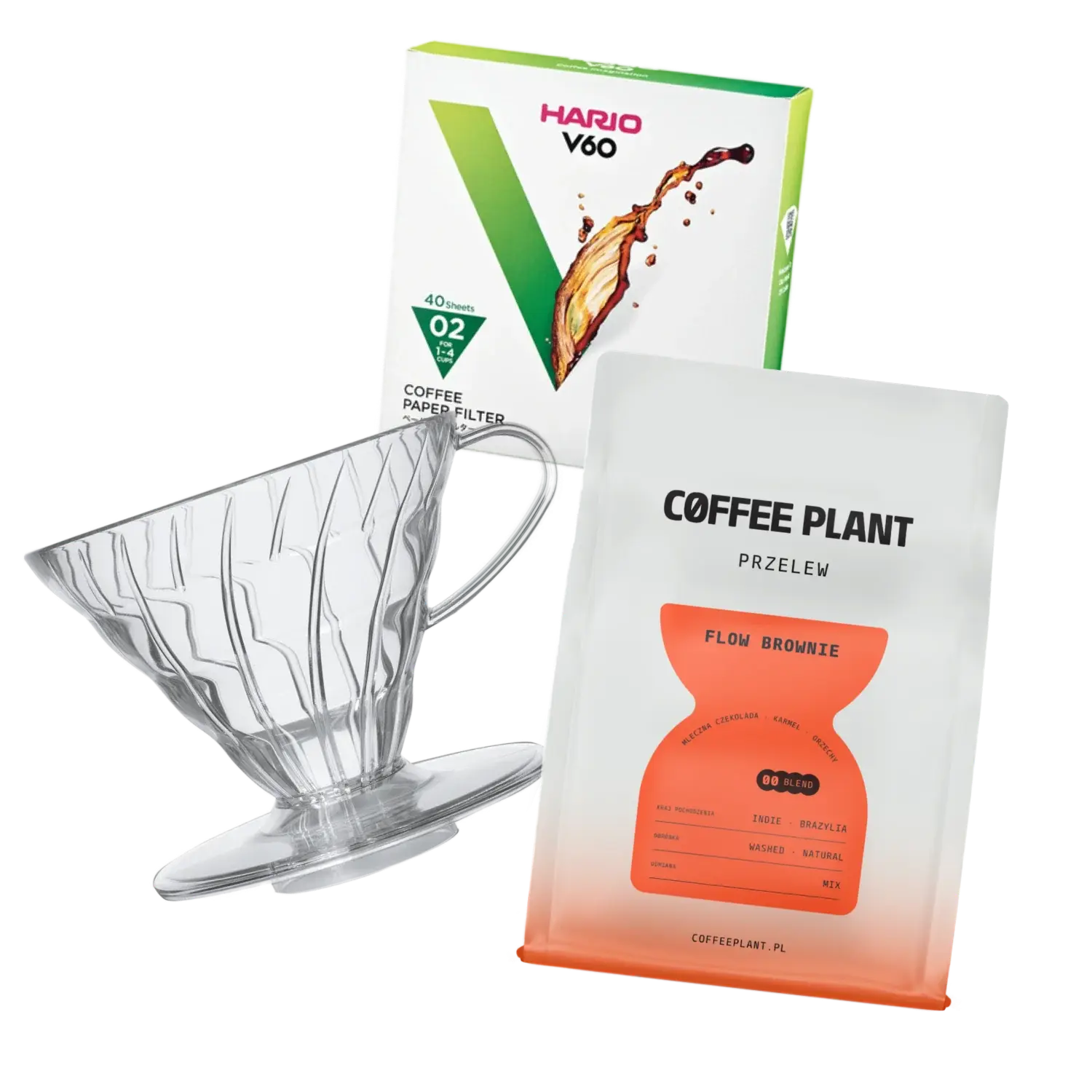 Plastic transparent Hario Dripper size 2, COFFEE PLANT Flow Brownie coffee bag and Hario paper filters