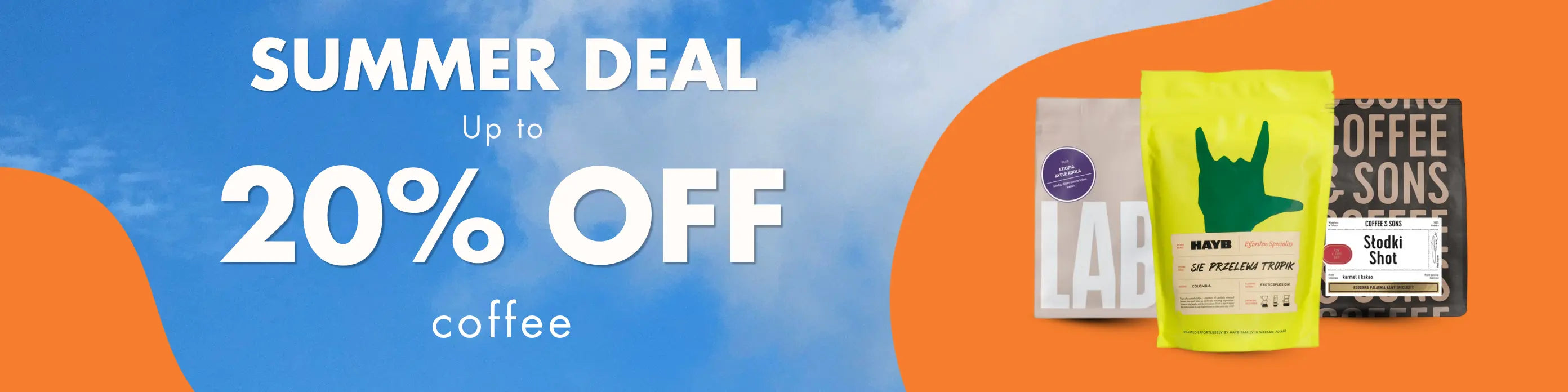 Summer banner: "SUMMER DEAL Up to 20% off coffee" with a blue sky background and three coffee bags on an orange wave.