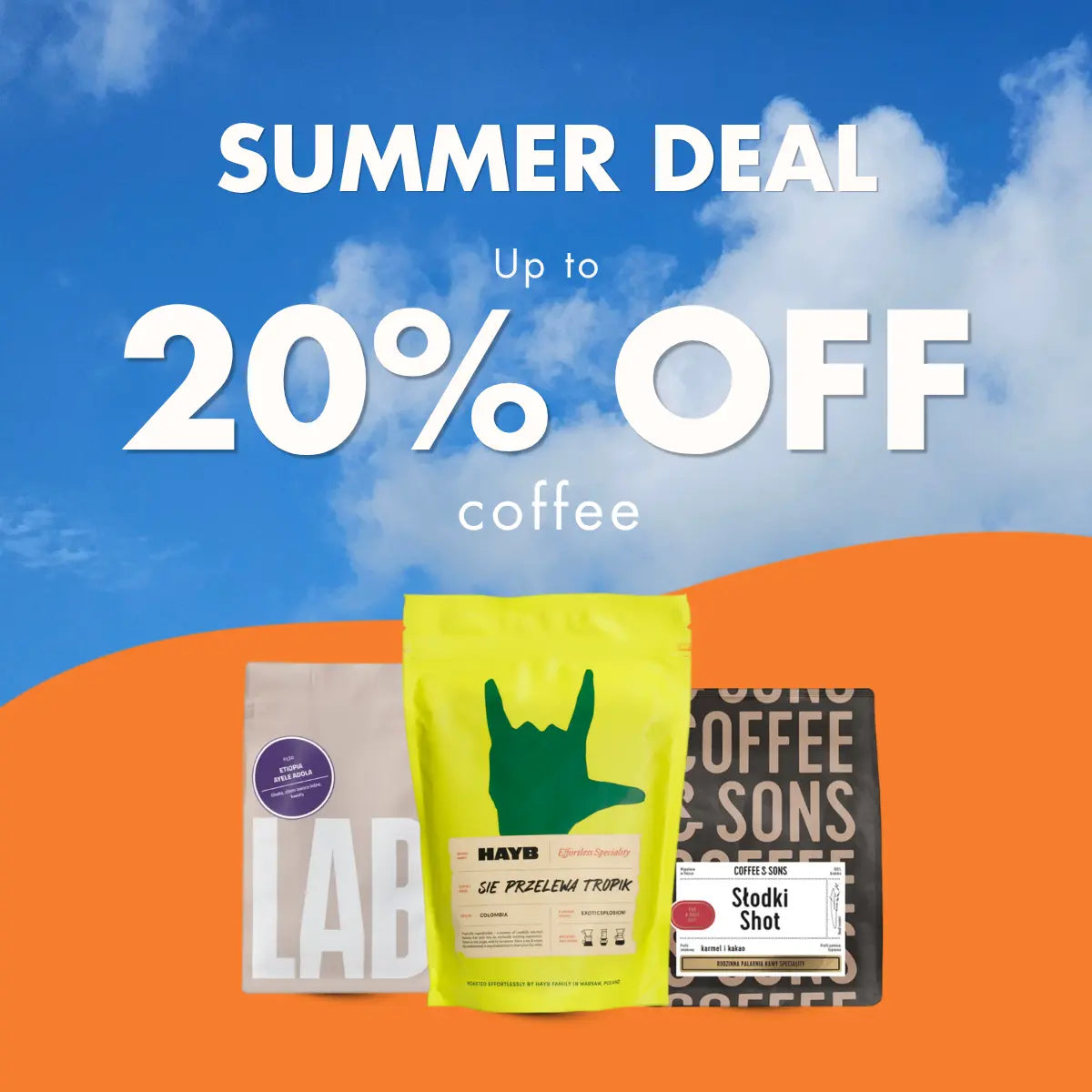Summer banner: "SUMMER DEAL Up to 20% off coffee" with a blue sky background and three coffee bags on an orange wave.