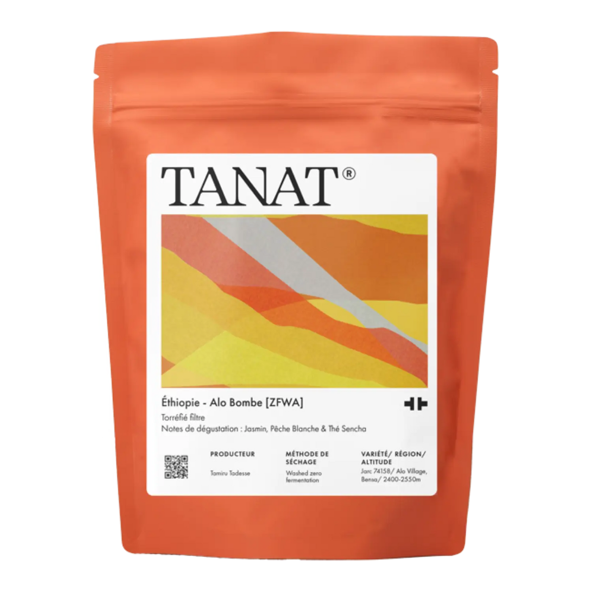 A stand-up pouch of TANAT Ethiopia - Alo Bombe [ZFWA] whole bean coffee in terracotta orange packaging with a white label featuring diagonal stripes.