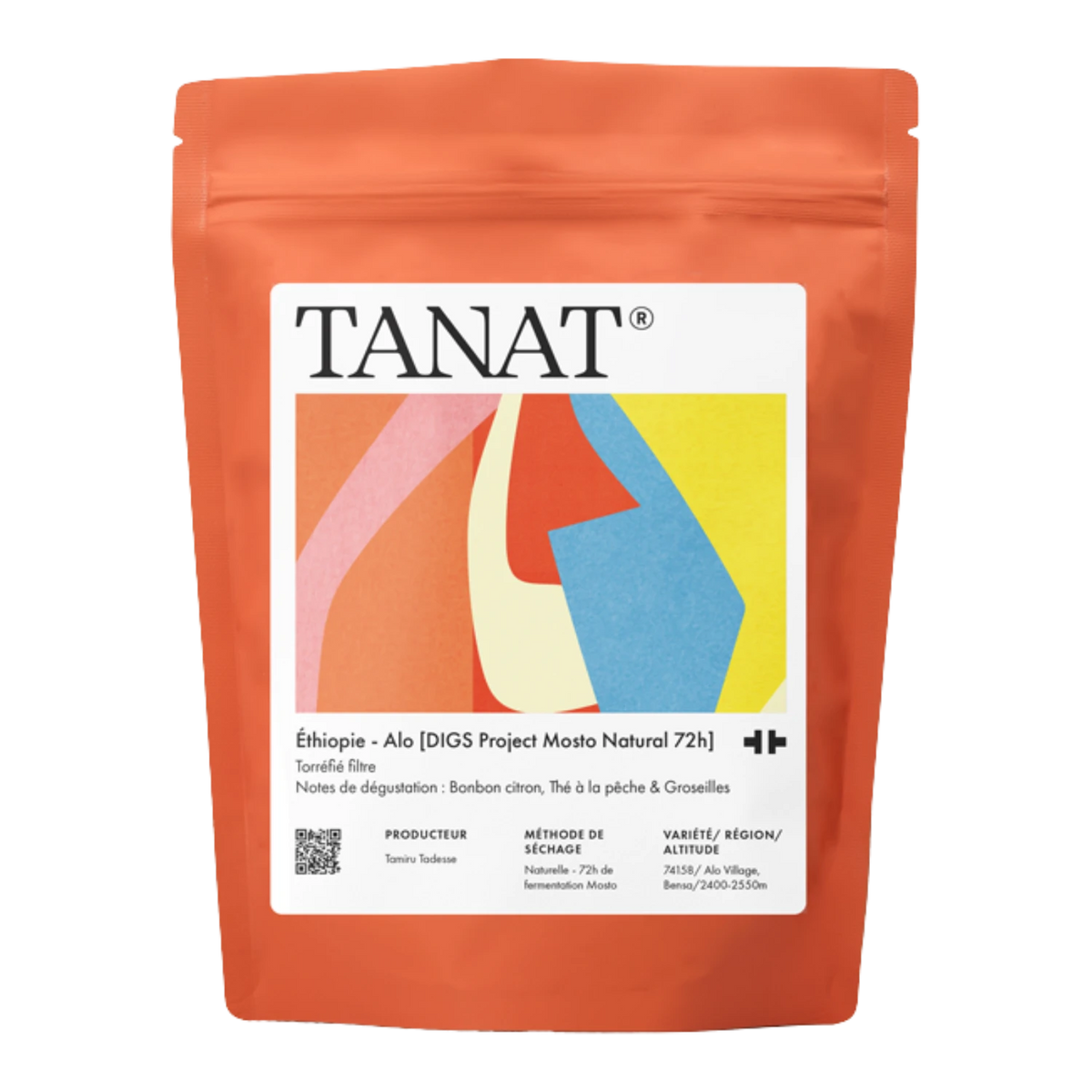 A stand-up pouch of TANAT Ethiopia - Ala [DG5 Project Mosto Natural 72h] filter cake, featuring a bright orange packaging with a large white label containing colorful abstract shapes.