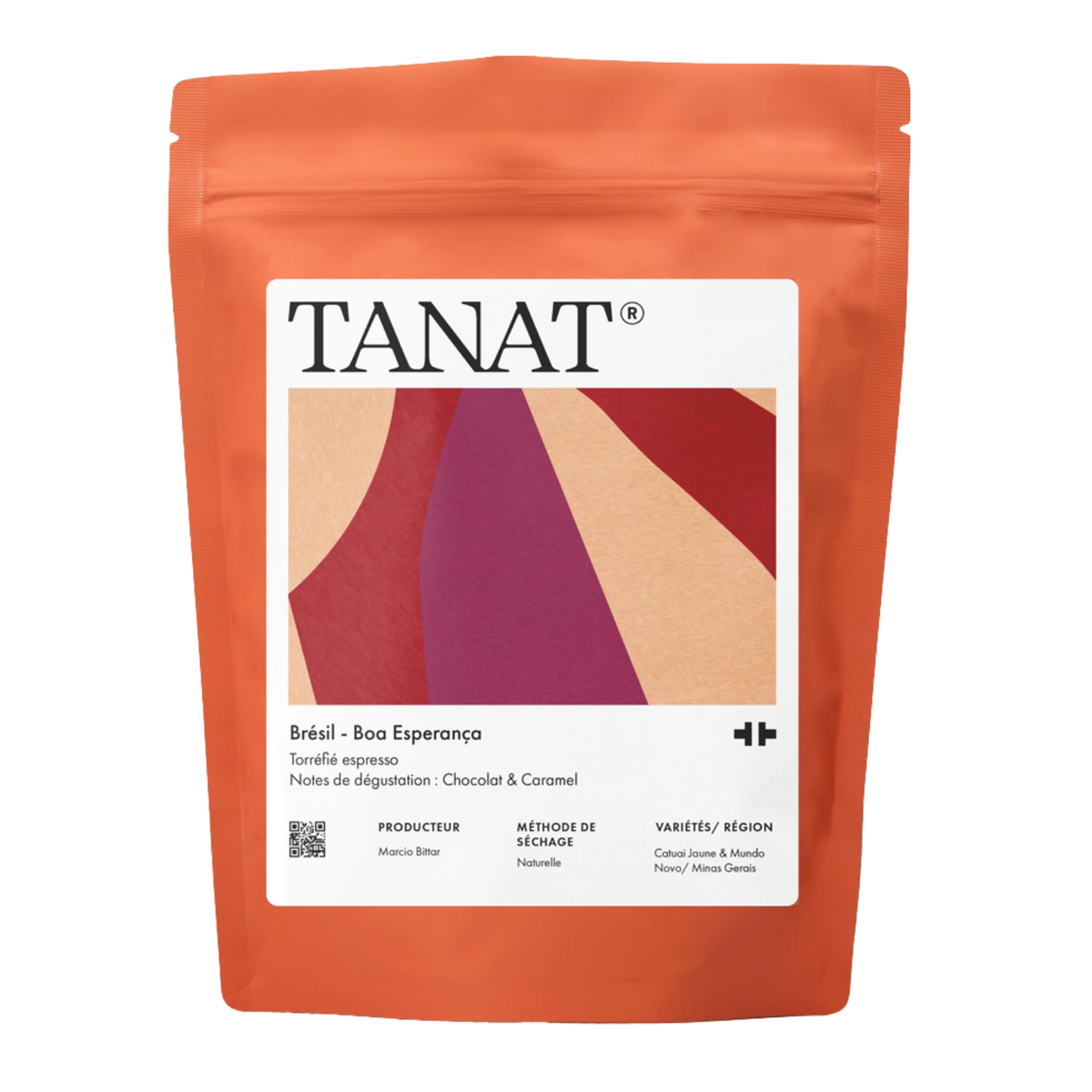 A stand-up pouch of TANAT Brazil - Boa Esperança espresso beans, featuring a bright orange-brown packaging with a large white label containing a geometric design.