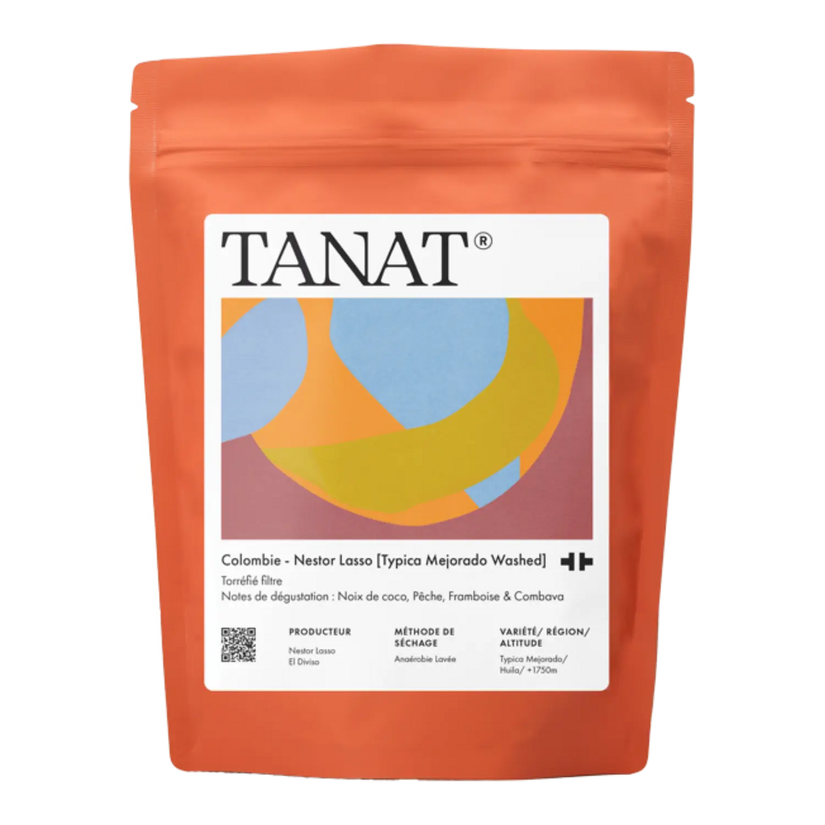 A stand-up pouch of TANAT Neslor Lasso coffee beans on a plain white background and a colorful abstract graphic.