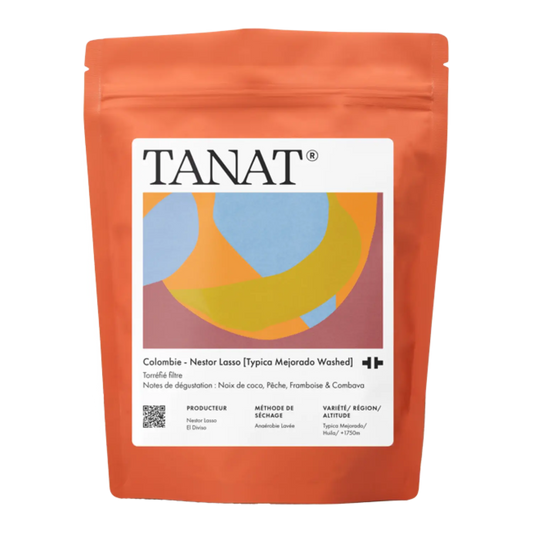 A stand-up pouch of TANAT Neslor Lasso coffee beans on a plain white background and a colorful abstract graphic.