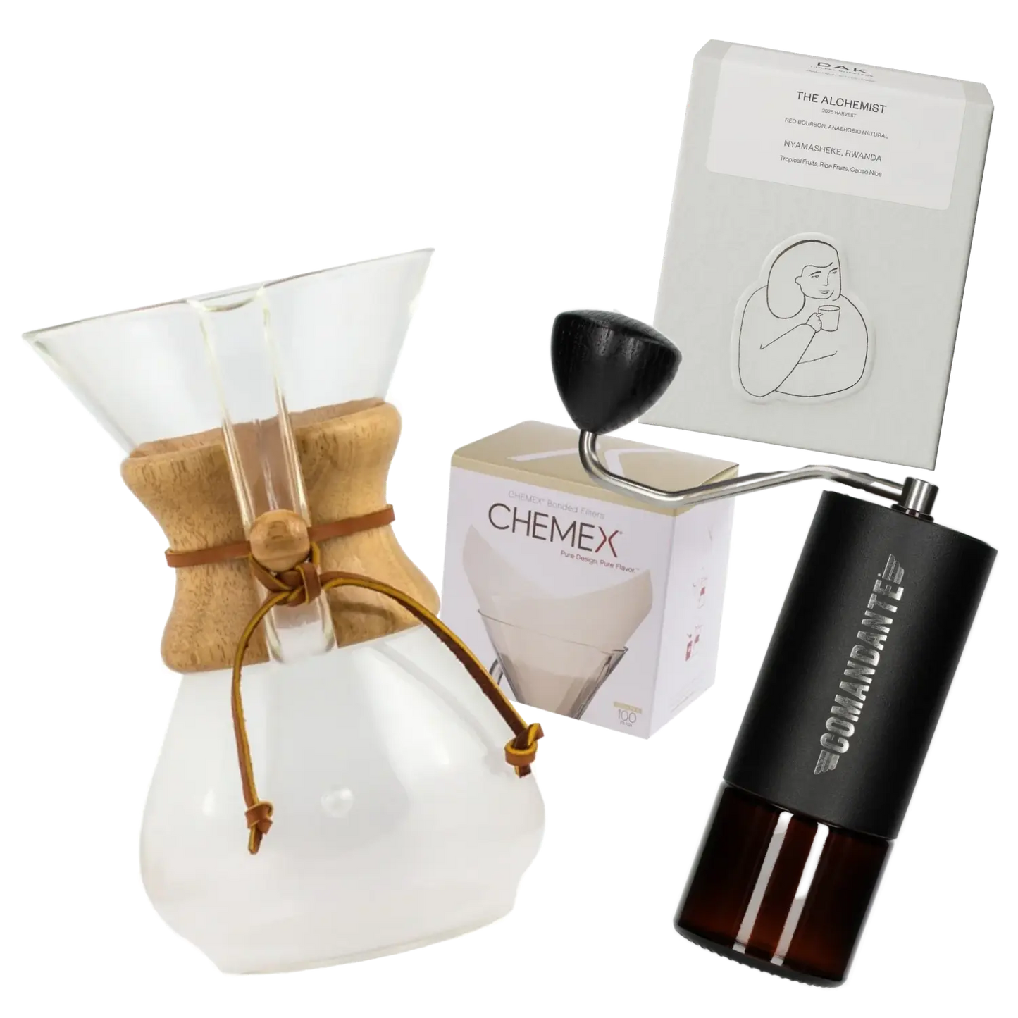 Commandante coffee grinder, Dak Alchemist coffee bag, Chemex coffee maker and Chemex paper filter on a white background 