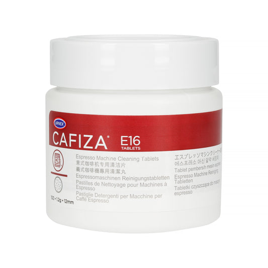 A plastic jar of Cafiza E16 espresso machine cleaning tablets on a white background